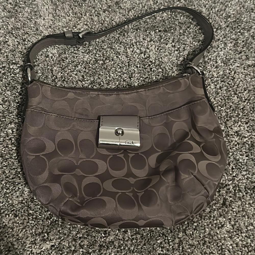 Coach Beige Signature Sateen Mini Shoulder Bag Latch Charm Pink Interior